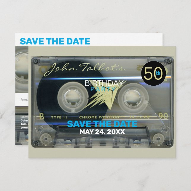 Retro T5 Audiotape 50th birthday Save the Date PoC Invitation Postcard (Front/Back)