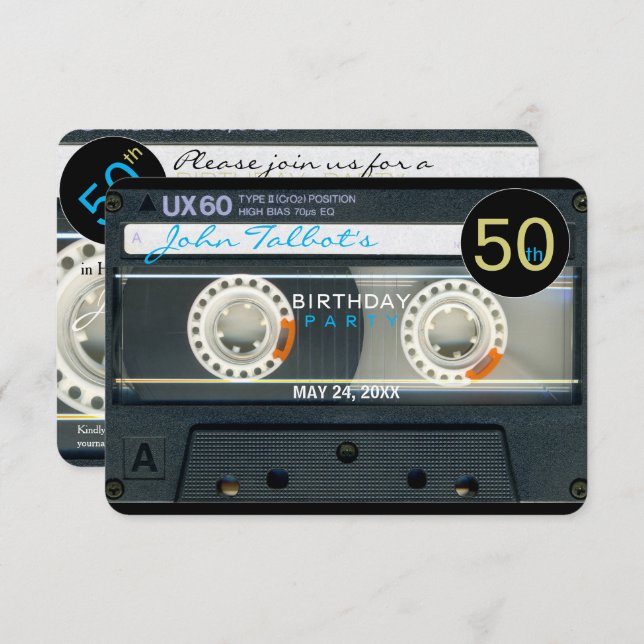 Retro T6 Cassette Tape 50th birthday Party Inv Invitation (Front/Back)