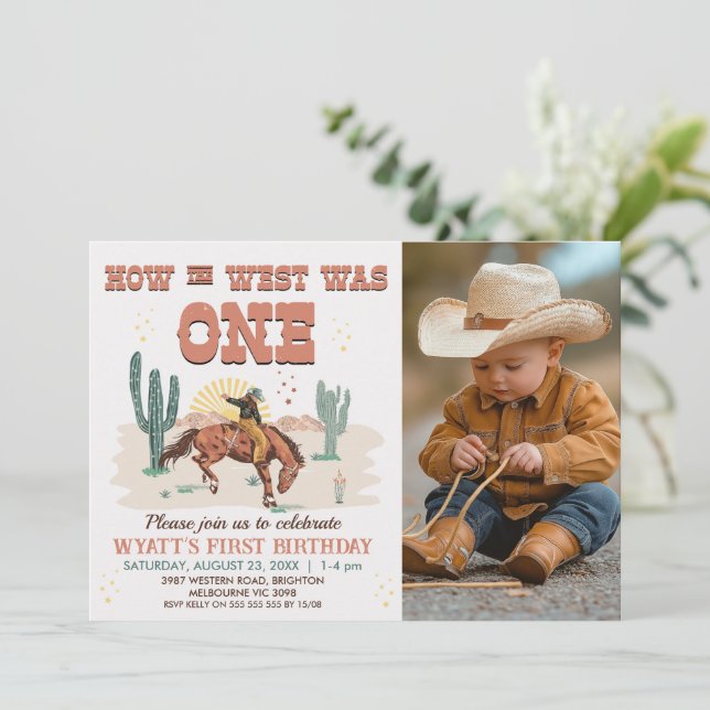 Retro Tan Photo How West Was One 1st Birthday  Invitation (Standing Front)