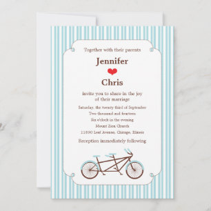 Retro Tandem Bicycle Blue & White Striped Wedding Invitation