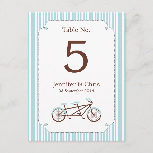 Retro Tandem Bicycle Blue & White Striped Wedding Postcard (Front)