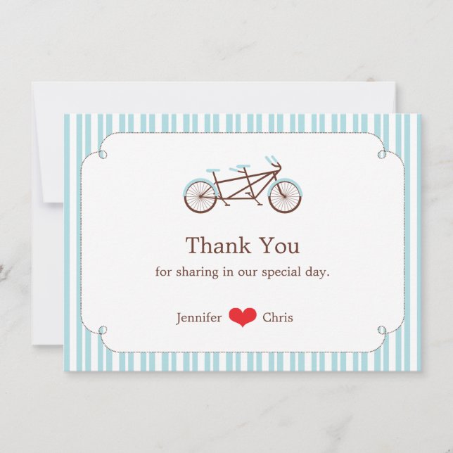 Retro Tandem Bicycle Blue & White Striped Wedding Thank You Card (Front)