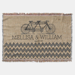 Retro Tandem Bicycle Chevron Burlap Wedding Gift Throw Blanket
