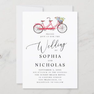 Retro tandem bicycle. Elegant script wedding Invitation