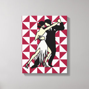 Retro Tango Dancers on Burgundy Geometric Canvas Print