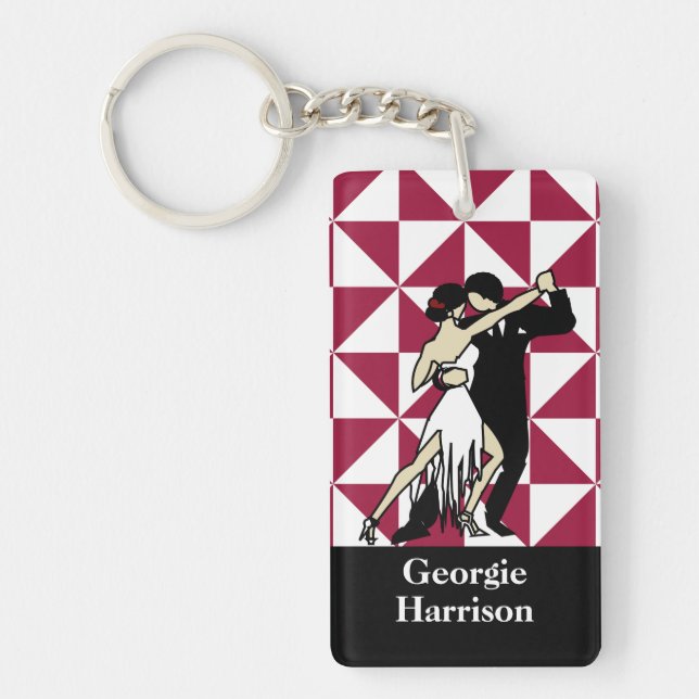 Retro Tango Dancers on Maroon Geometric Key Ring (Front)
