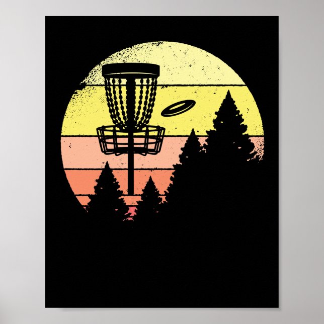 Retro target basket flying disc golf sunset trees poster (Front)