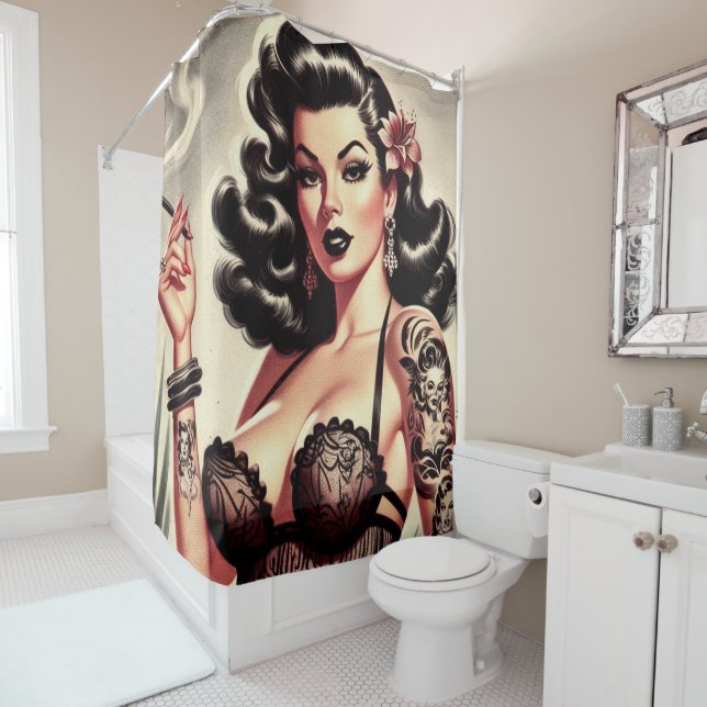Retro Tatto Goth Girl Shower Curtain (In Situ)