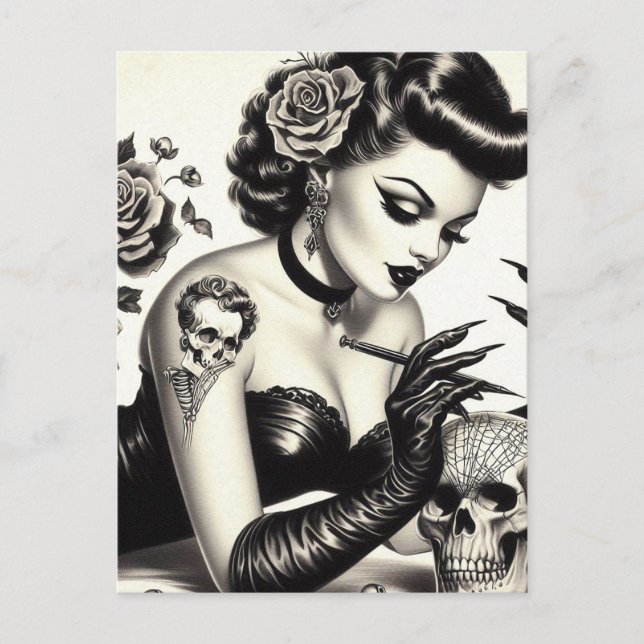 Retro Tattoed Goth Pin-up Postcard (Front)
