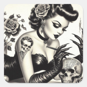 Retro Tattoed Goth Pin-up Square Sticker