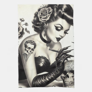 Retro Tattoed Goth Pin-up Tea Towel
