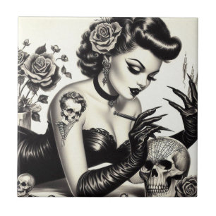 Retro Tattoed Goth Pin-up Tile