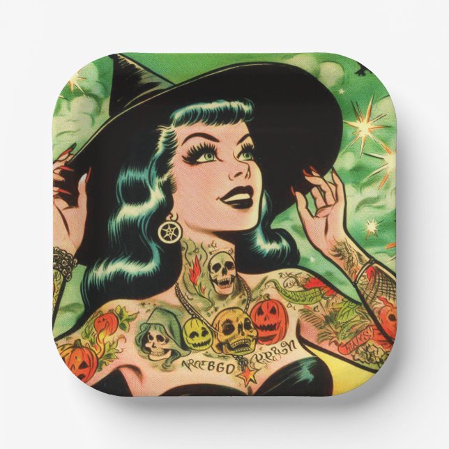 Retro Tattoed Witch Comic Paper Plate (Front)