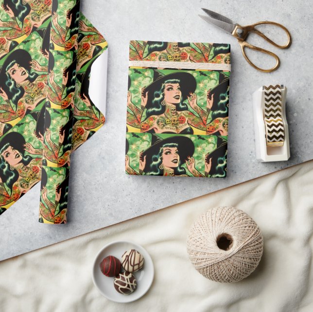 Retro Tattoed Witch Comic Wrapping Paper (Crafts)