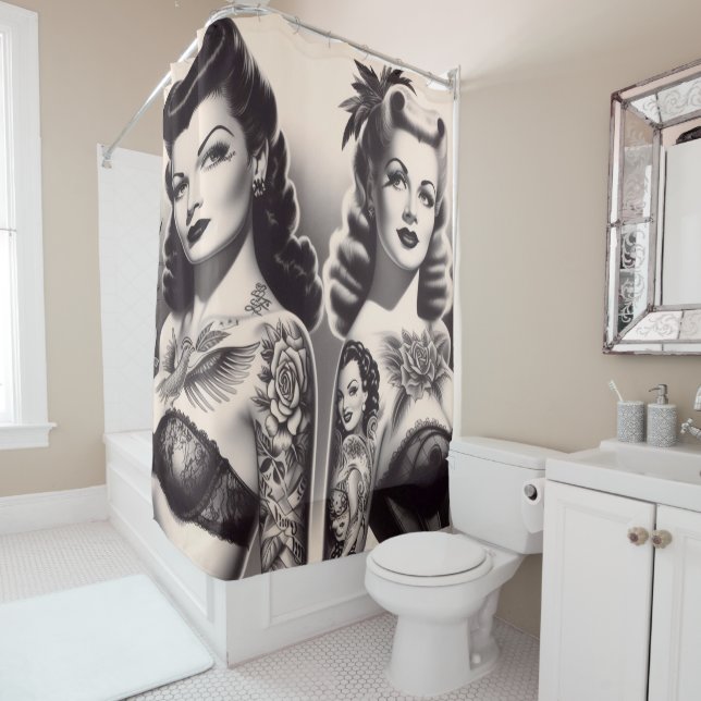 Retro Tattoo Glam Pinups Shower Curtain (In Situ)