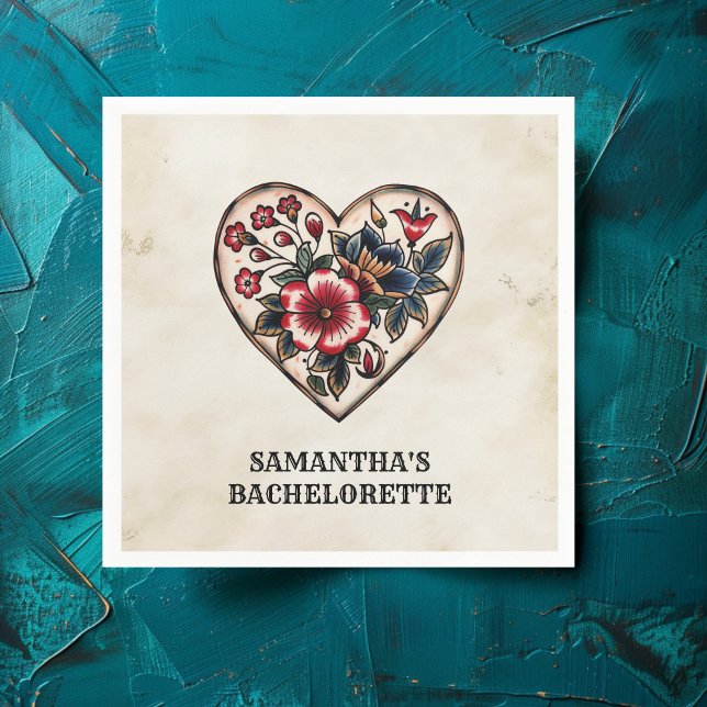 Retro Tattoo Heart Flowers Name Bachelorette Napkin (Creator Uploaded)