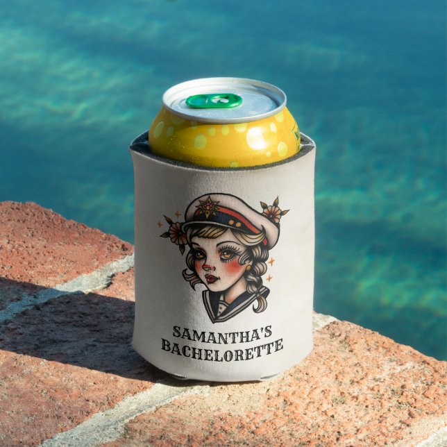Retro Tattoo Sailor Nautical Name Bachelorette Can Cooler (In Situ Pool)