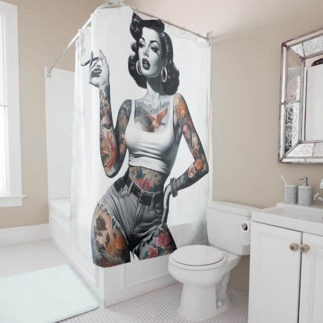 Retro Tattooed Girl Shower Curtain (In Situ)
