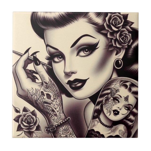 Retro Tattooed Pin Up Tile (Front)