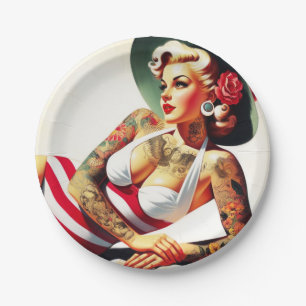 Retro Tattooed Swimsuit Pin-up Paper Plate