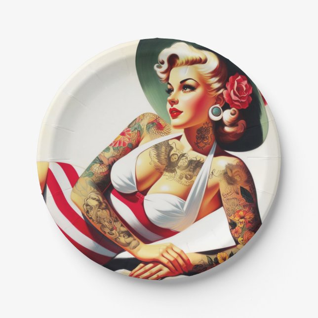 Retro Tattooed Swimsuit Pin-up Paper Plate (Front)