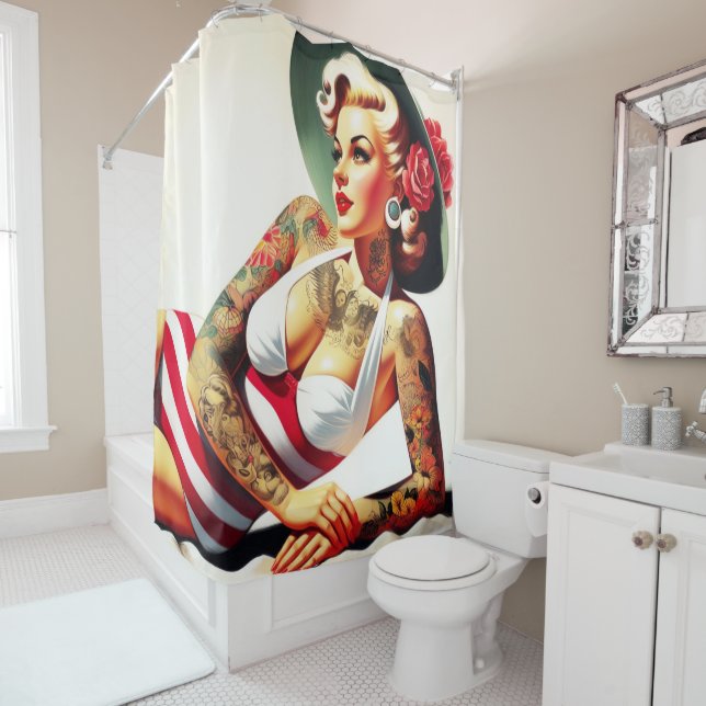 Retro Tattooed Swimsuit Pin-up Shower Curtain (In Situ)