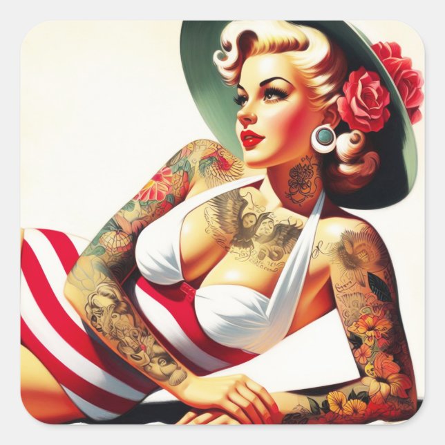 Retro Tattooed Swimsuit Pin-up Square Sticker (Front)