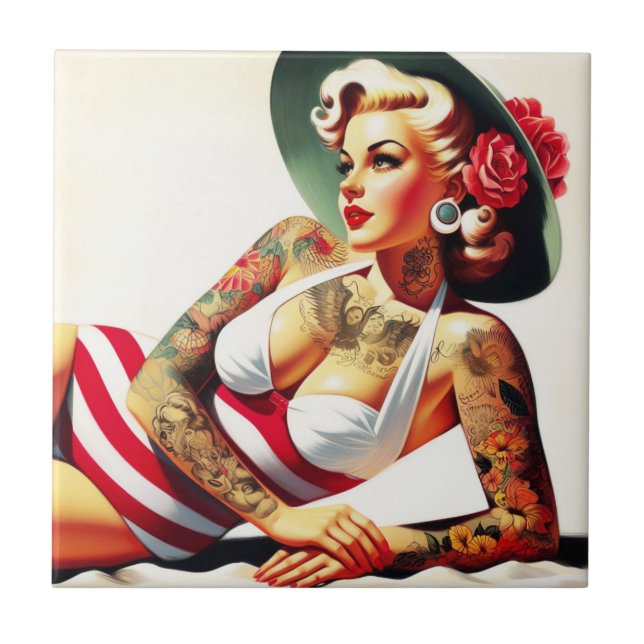 Retro Tattooed Swimsuit Pin-up Tile (Front)