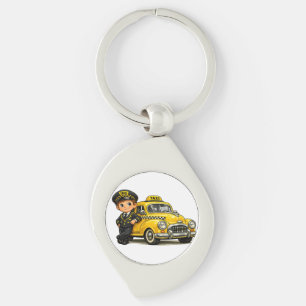 Retro Taxi Driver Boy with Vintage Yellow Car T-Sh Key Ring