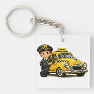 Retro Taxi Driver Boy with Vintage Yellow Car T-Sh Key Ring