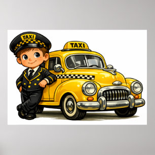 Retro Taxi Driver Boy with Vintage Yellow Car T-Sh Poster