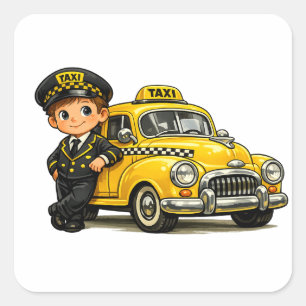 Retro Taxi Driver Boy with Vintage Yellow Car T-Sh Square Sticker