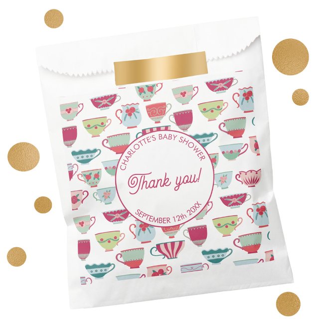 Retro Tea Party Baby Shower Favour Bags (Vintage retro tea party baby shower favor bags with custom text)