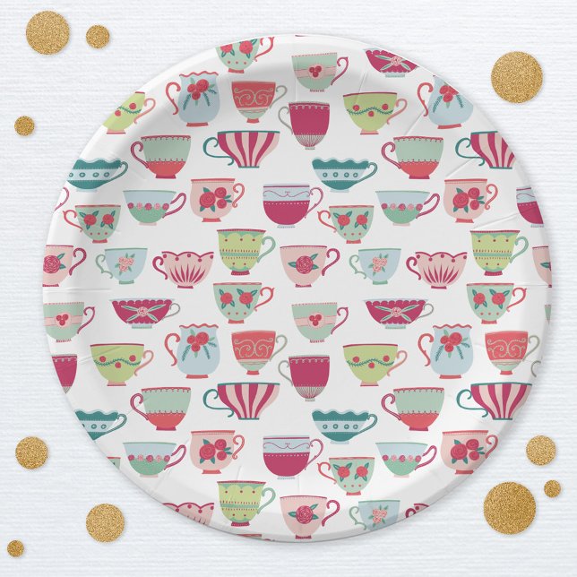 Retro Tea Party Pastel Paper Plate (Modern retro teacup tea party paper plates)