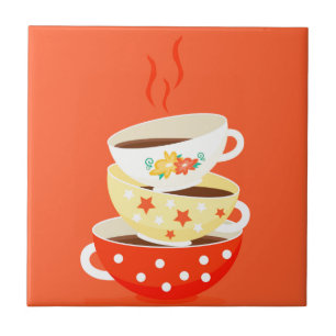 Retro tea vintage tea cups whimsical art tile