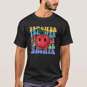 Retro Teacher Apple Leopard Groovy Back To School  T-Shirt