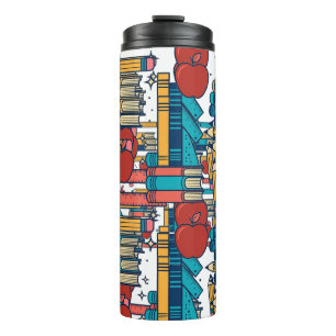 Retro Teacher Apples Books Pencils Pattern Thermal Tumbler