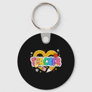 Retro Teacher Heart Pencil Colourful Groovy School Key Ring