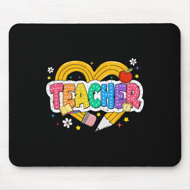 Retro Teacher Heart Pencil Colourful Groovy School Mouse Mat (Front)