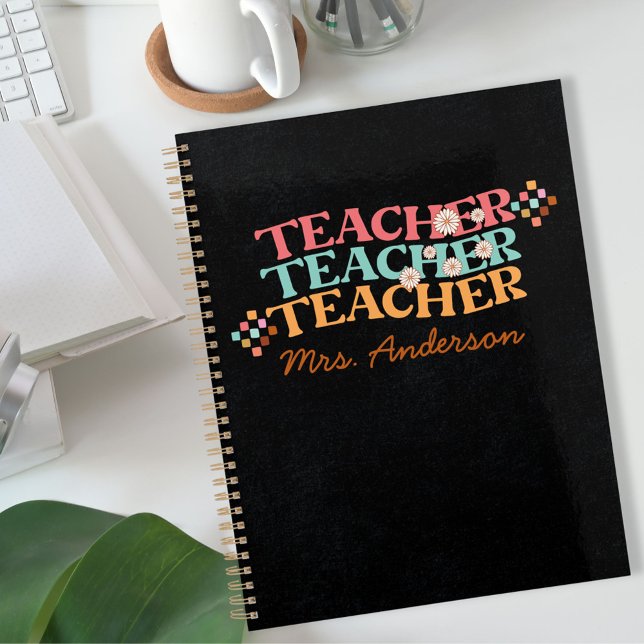 Retro Teacher in Colourful 70s Style Notebook (In situ)