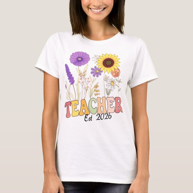 Retro Teacher with Flowers – Cute Teacher Apprecia T-Shirt (Front)