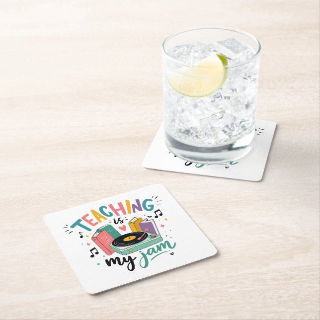 Retro Teaching Is My Jam Vinyl Record Teacher Square Paper Coaster (Insitu)