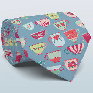 Retro Teacup Pattern Blue Tie