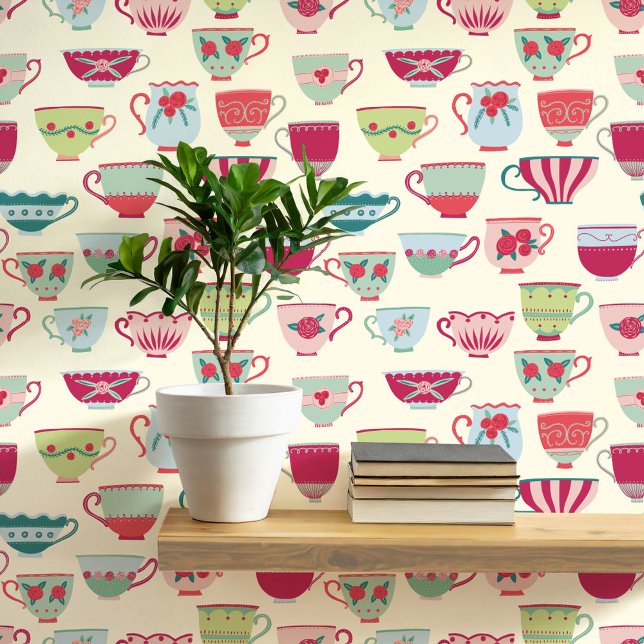 Retro Teacups Cream Wallpaper (Retro teacup pattern art wallpaper)