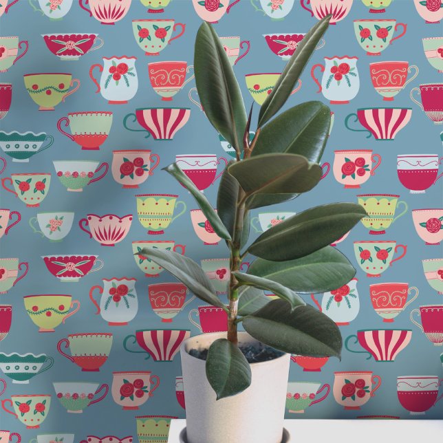 Retro Teacups Teal Wallpaper (Retro teacup pattern art wallpaper)