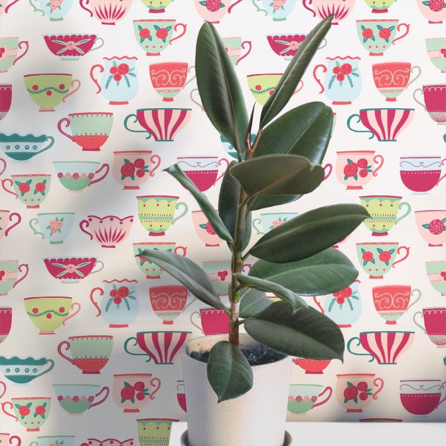 Retro Teacups Wallpaper (Retro teacup pattern art wallpaper)