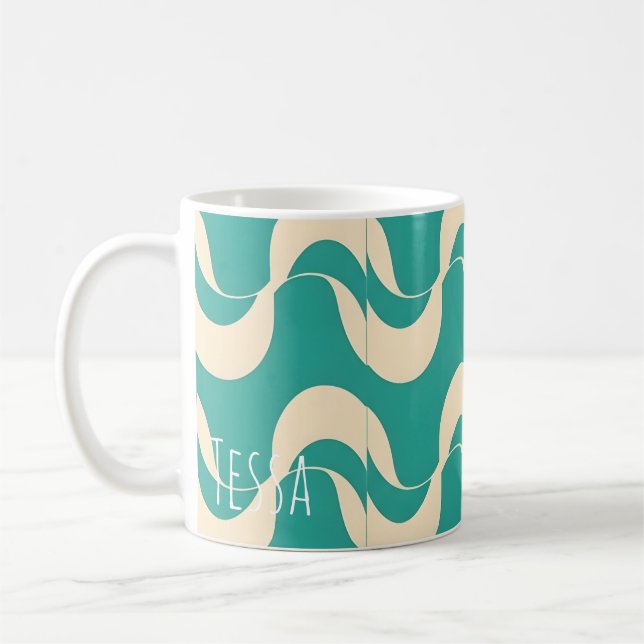 Retro Teal and Cream Wavy Pattern Coffee Mug (Left)