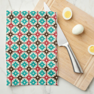 Retro Teal And Orange Geometric Pattern Tea Towel