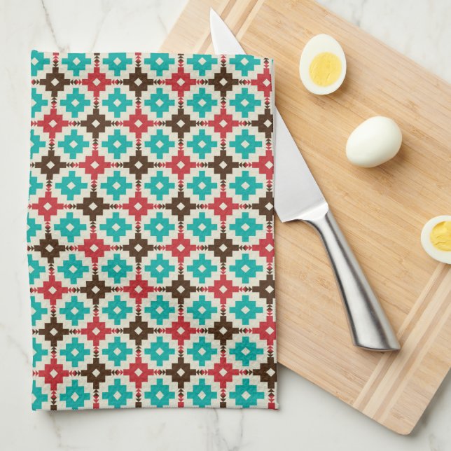 Retro Teal And Orange Geometric Pattern Tea Towel (Quarter Fold)