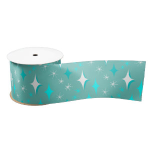 Retro Teal and White Mid-Century Star Pattern Satin Ribbon